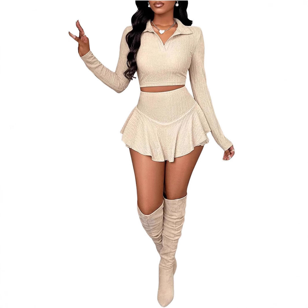 Fashion Solid Color Short Navel Ruffled Pearl Skirt Skirt Suit