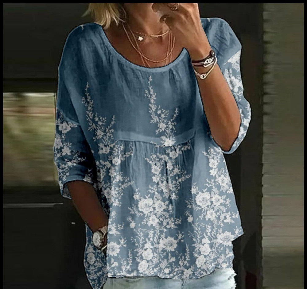 Women's T-shirt Casual Spider Bat Digital Print Mid Sleeve Pleated Round Neck Top
