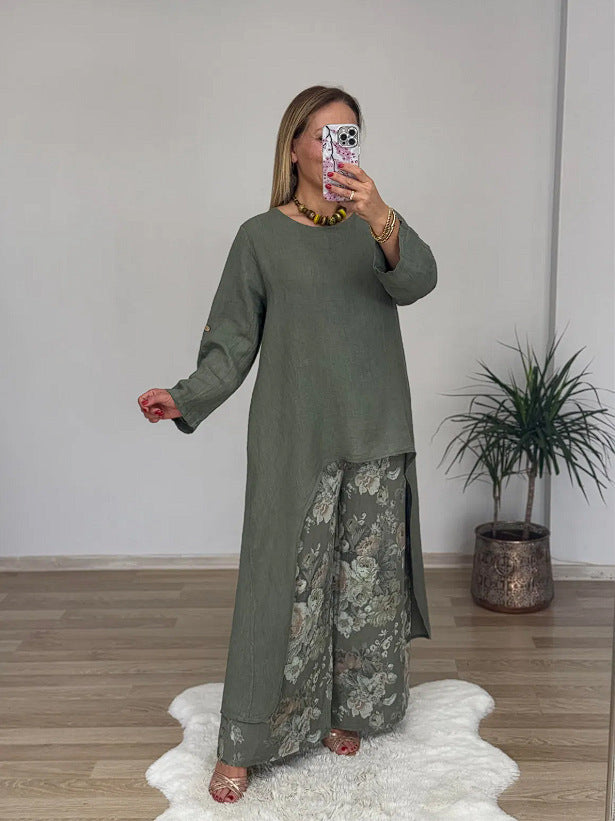 Women's Casual Cotton Linen Irregular Top Wide Leg Pants With Pockets Suit