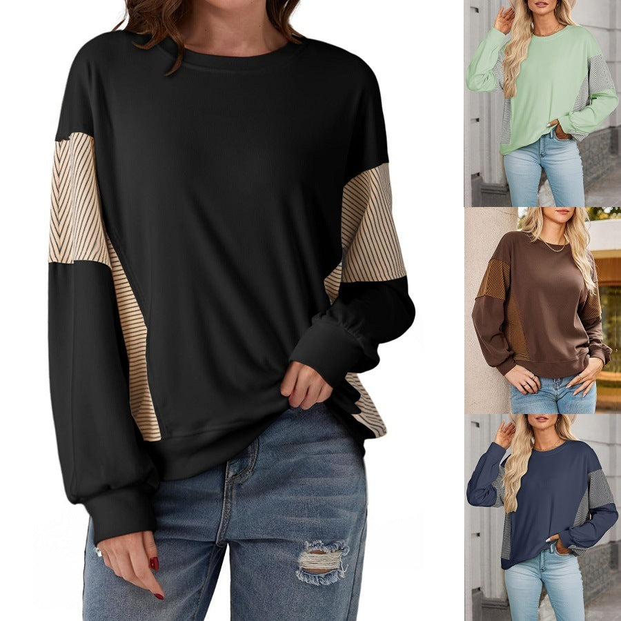 Striped Color-blocked Round Neck Versatile Casual Long-sleeved Sweatshirt