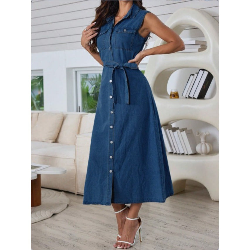 Denim Dress With Belt And Front Buttons