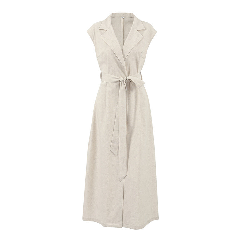 Cotton And Linen Suit Collar Belt Commuter Dress