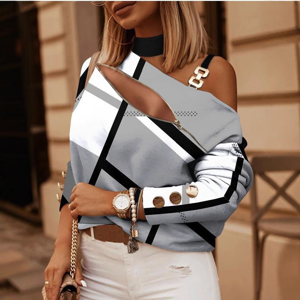Women's Long-sleeved Chain On Neck Printed Top