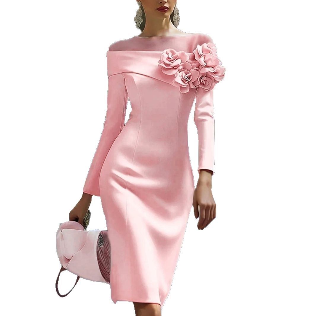 Floral-decorated Solid-color Slim-fit Dress