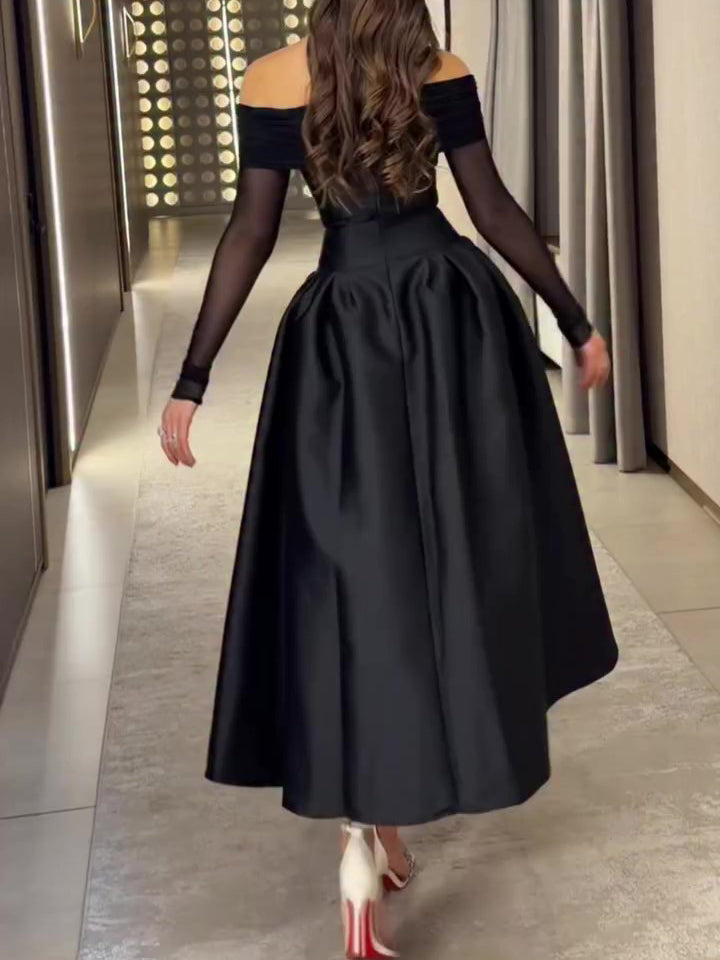 Black Off-Shoulder Mesh Long Sleeve Waist-Cinched Flared Midi Gown