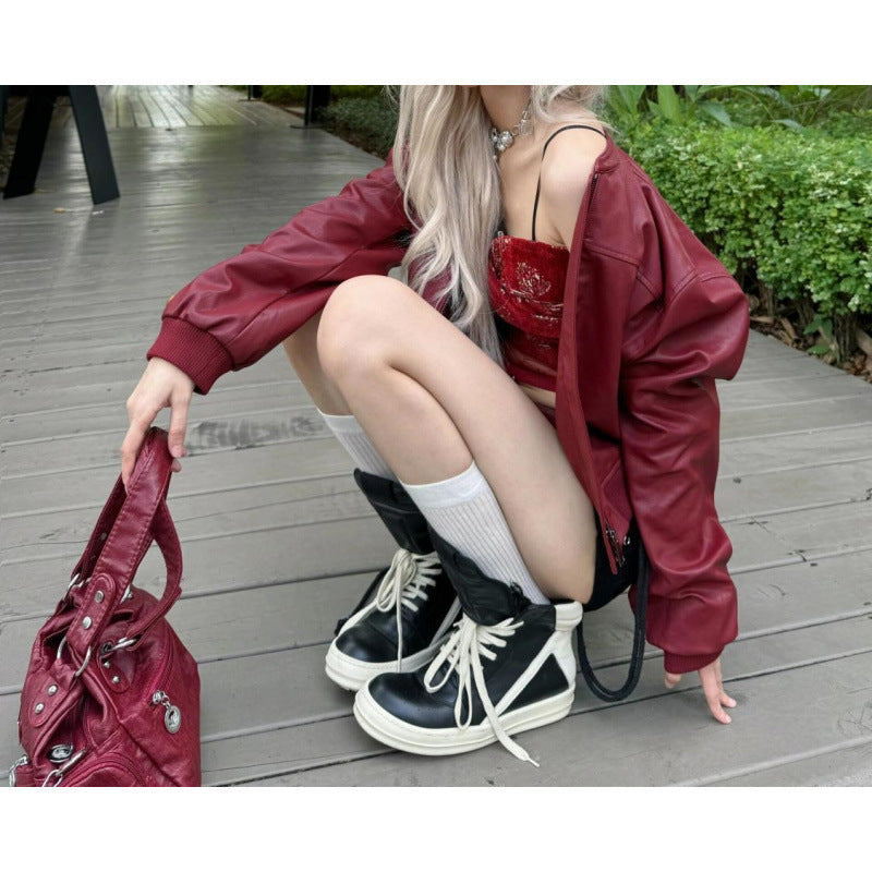 Locomotive Style American Plus Size Retro National Trend Short Leather Jacket Women
