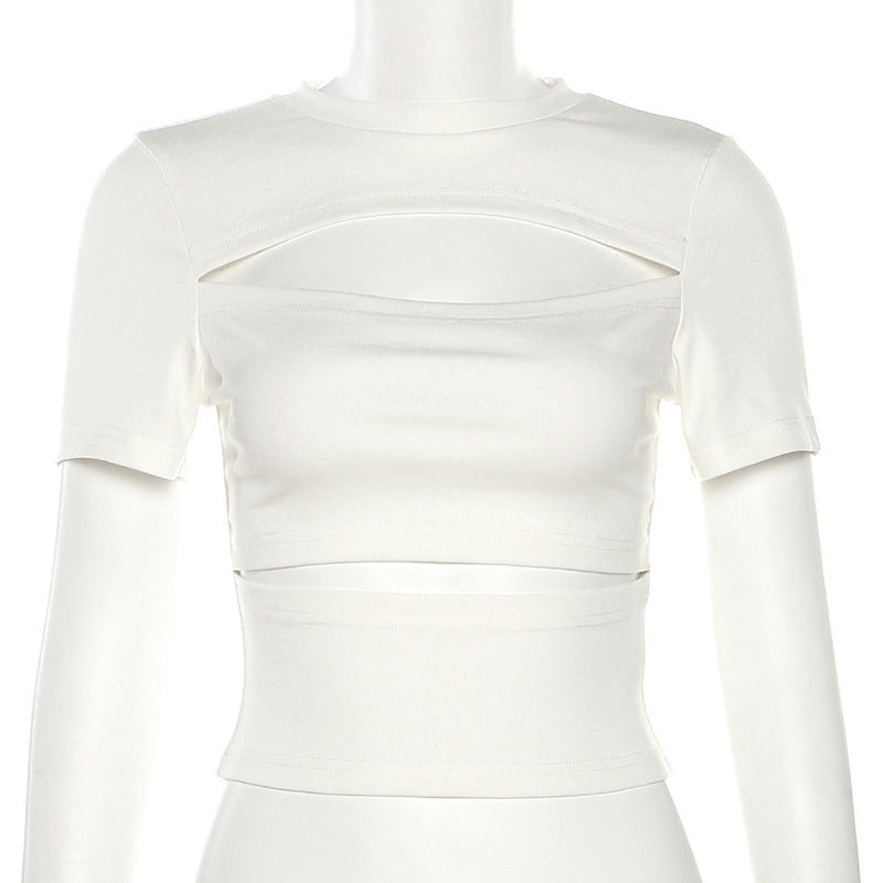 European And American Style Spring Solid Color Slim Fit Midriff-baring Street Fashion Round Neck Short Sleeves