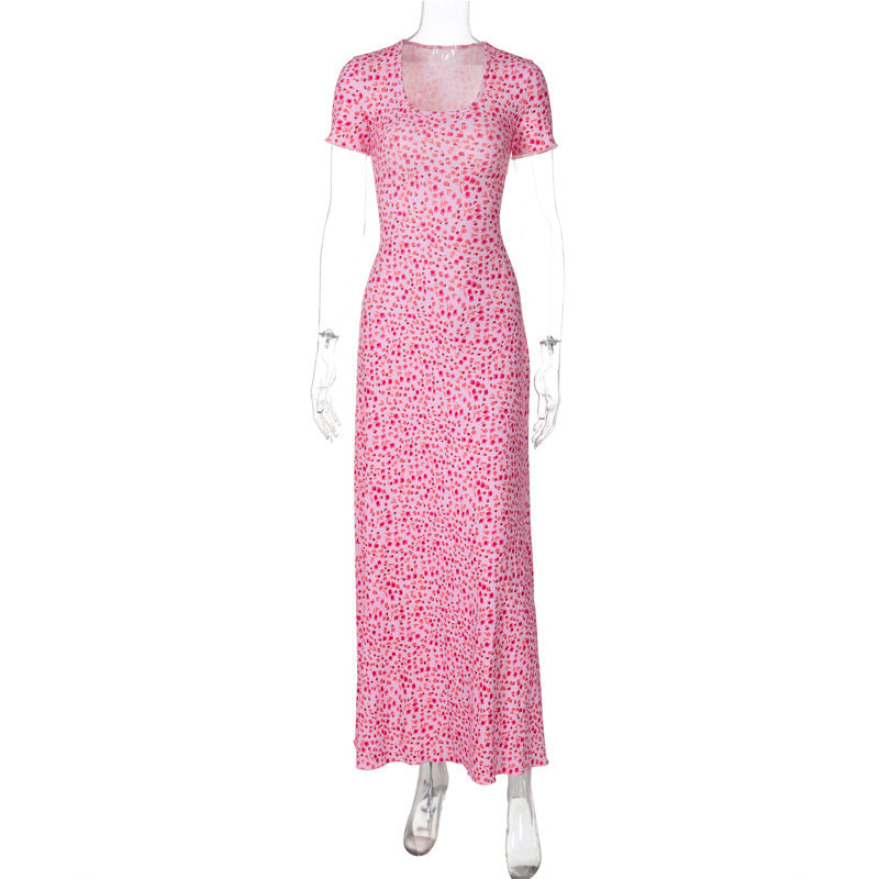 Fashion Printed U-neck Back Strap Short Sleeve Dress