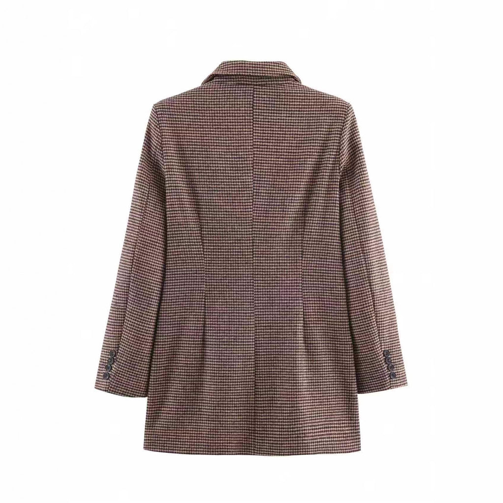 Womens Mid-Length Double-Breasted Houndstooth Blazer