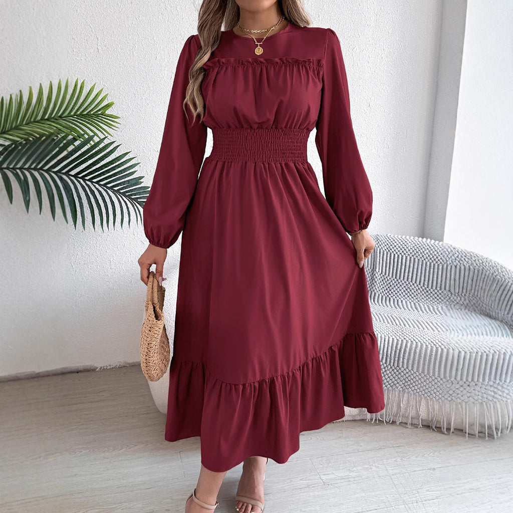 Women's Solid Color Stringy Selvedge Cinched Pleated Long Dress