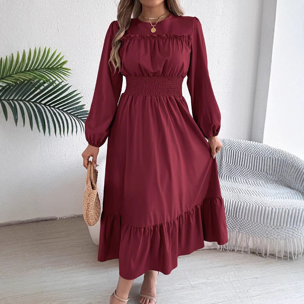 Women's Solid Color Stringy Selvedge Cinched Pleated Long Dress