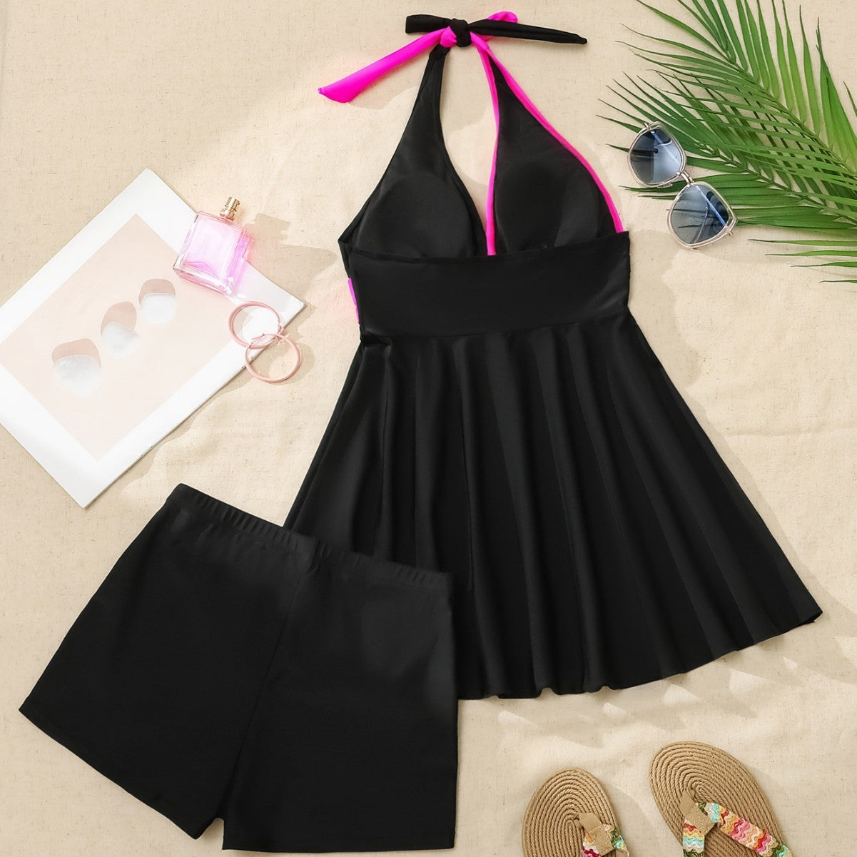 Color Matching Lace-up Boxers Split Bikini Two-piece Set Swimsuit For Women