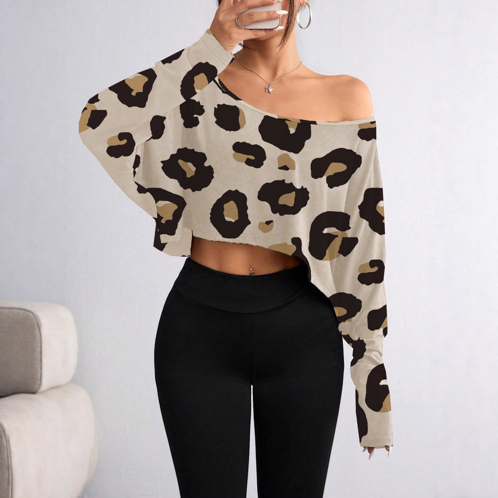 Womens Casual  Loose-fitting Off-shoulder T-shirt With A Printed Design