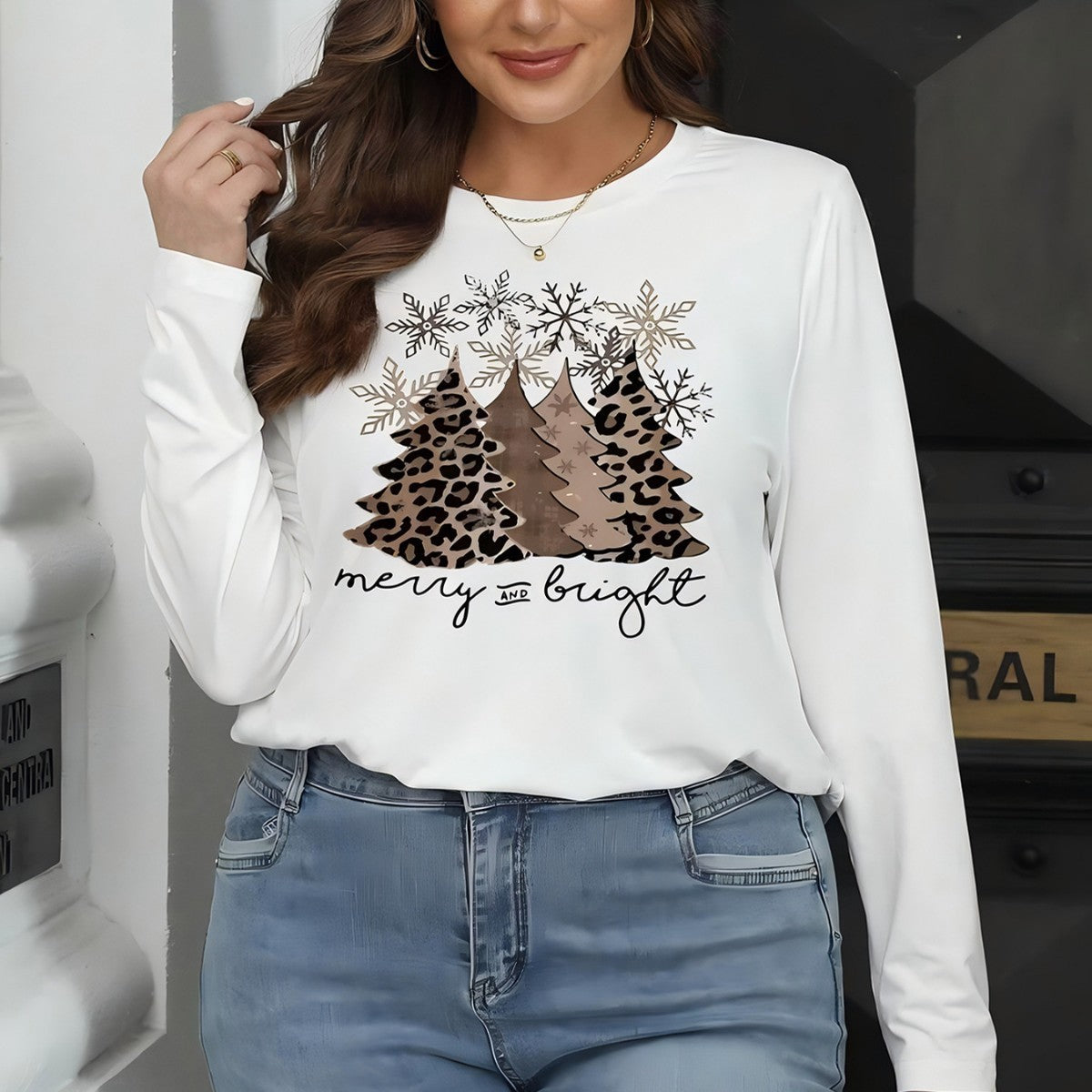 Positioning Printed Pattern Women's Long Sleeved Versatile Round Neck