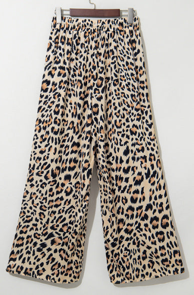Parchment Leopard Drawstring Flowy Wide Leg Pants