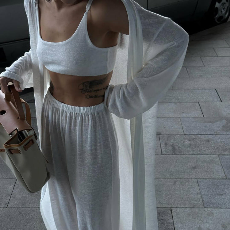 Casual Fashion 3-piece Set Long-sleeve Cardigan Vest Wide-leg Pants