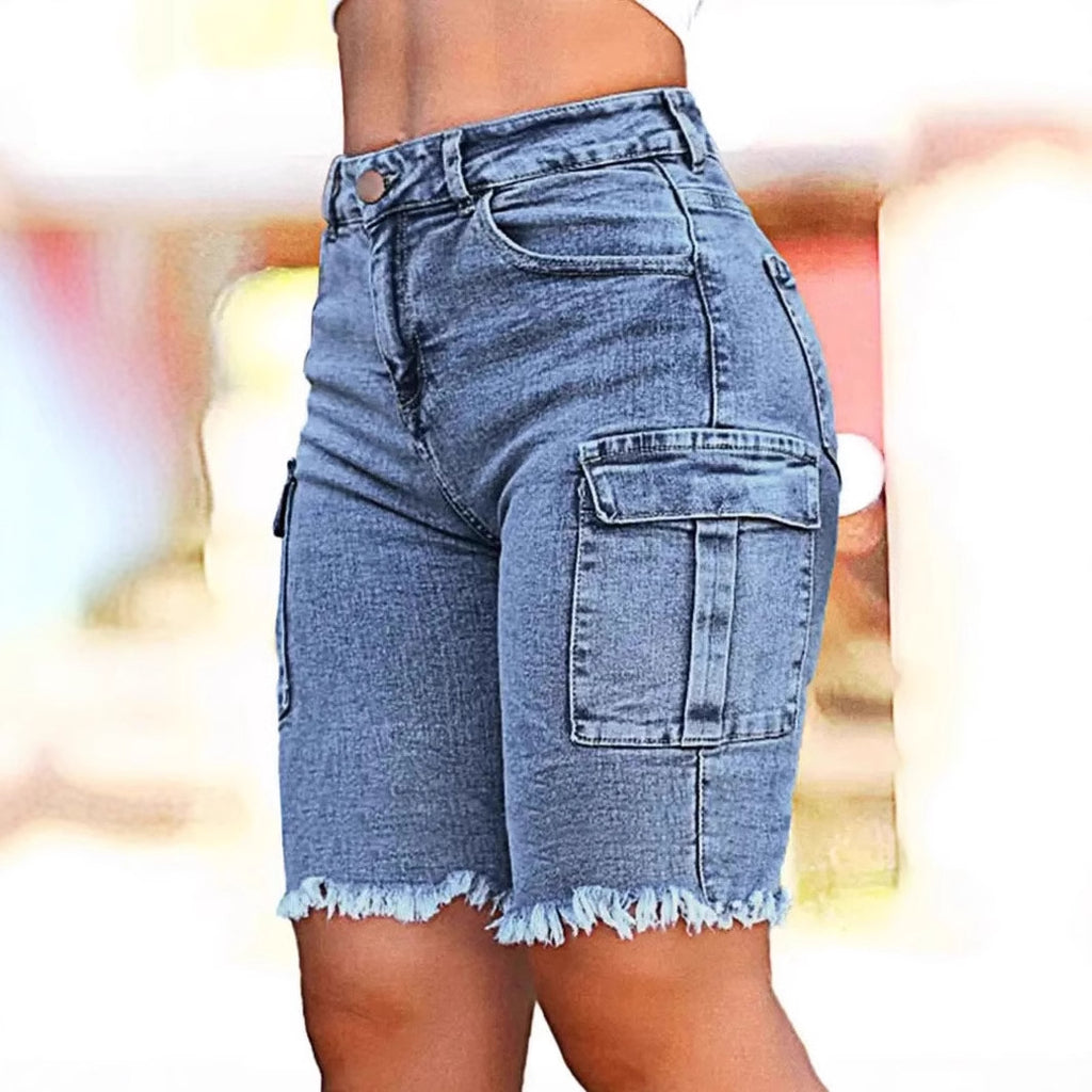Stretch-washed High-rise Denim Shorts With Side Pockets And A High Stretch Factor