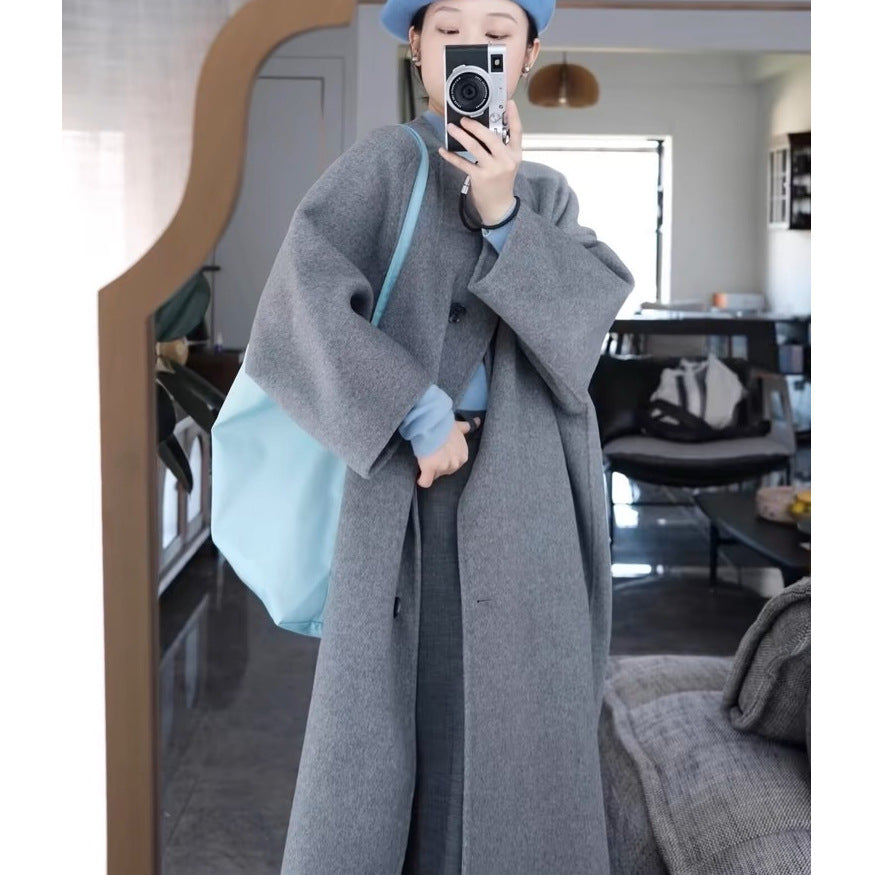 Womens Stylish Mid-length Gray Wool Coat