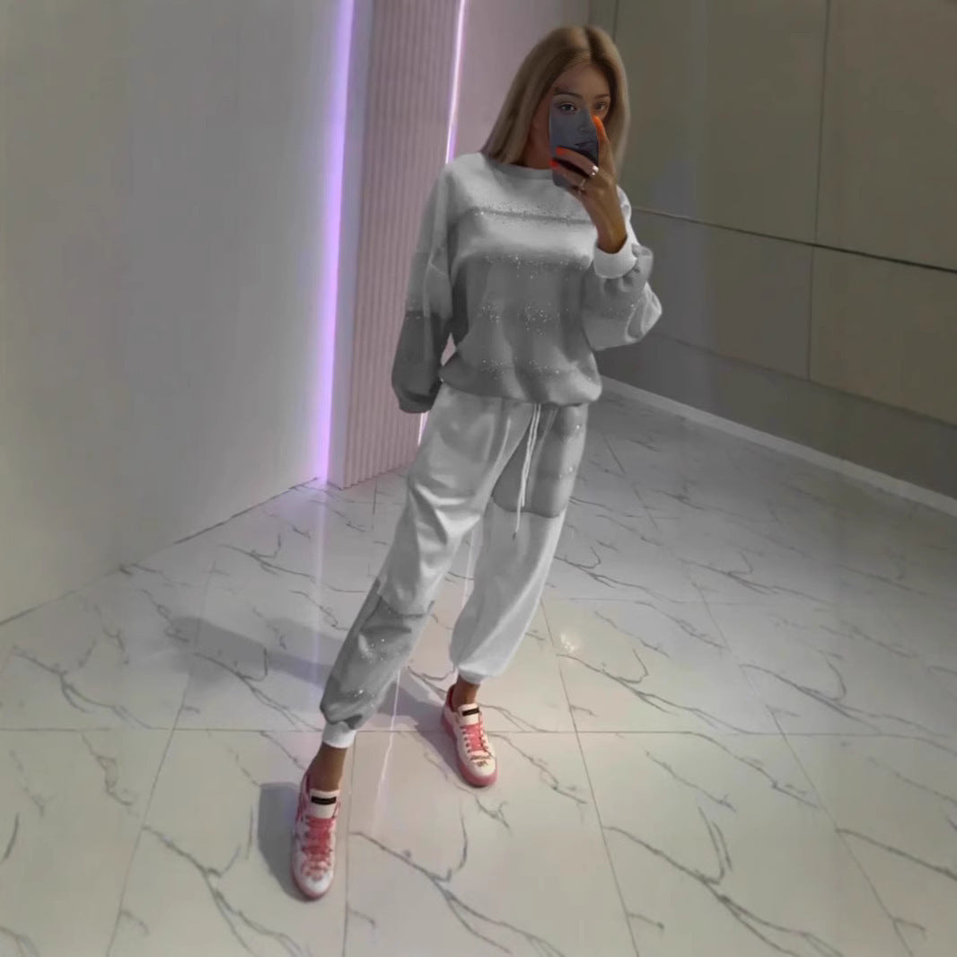 Women's Casual Dusting Powder Striped Top Drawstring Two-piece Pants