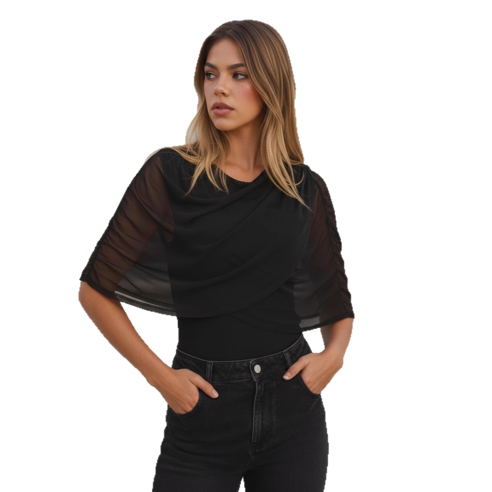 Solid Color Fashion Spliced Mesh Collar Slim And Versatile Commuter Top