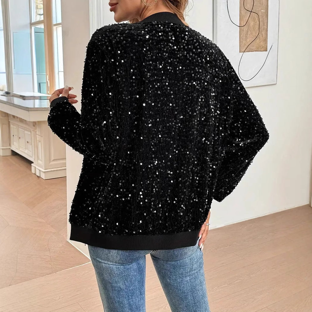 Womens Stylish Cropped Sequin Casual Jacket