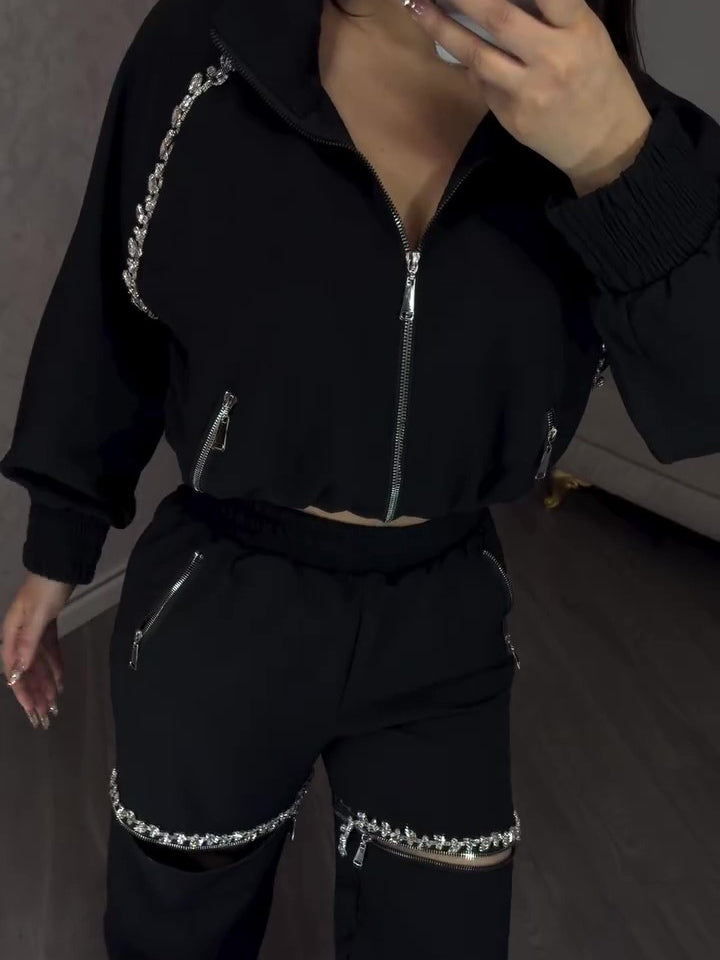 Black Rhinestone Zip-Up Cropped Jacket & Cut-Out Wide Leg Pants 2-Piece Set