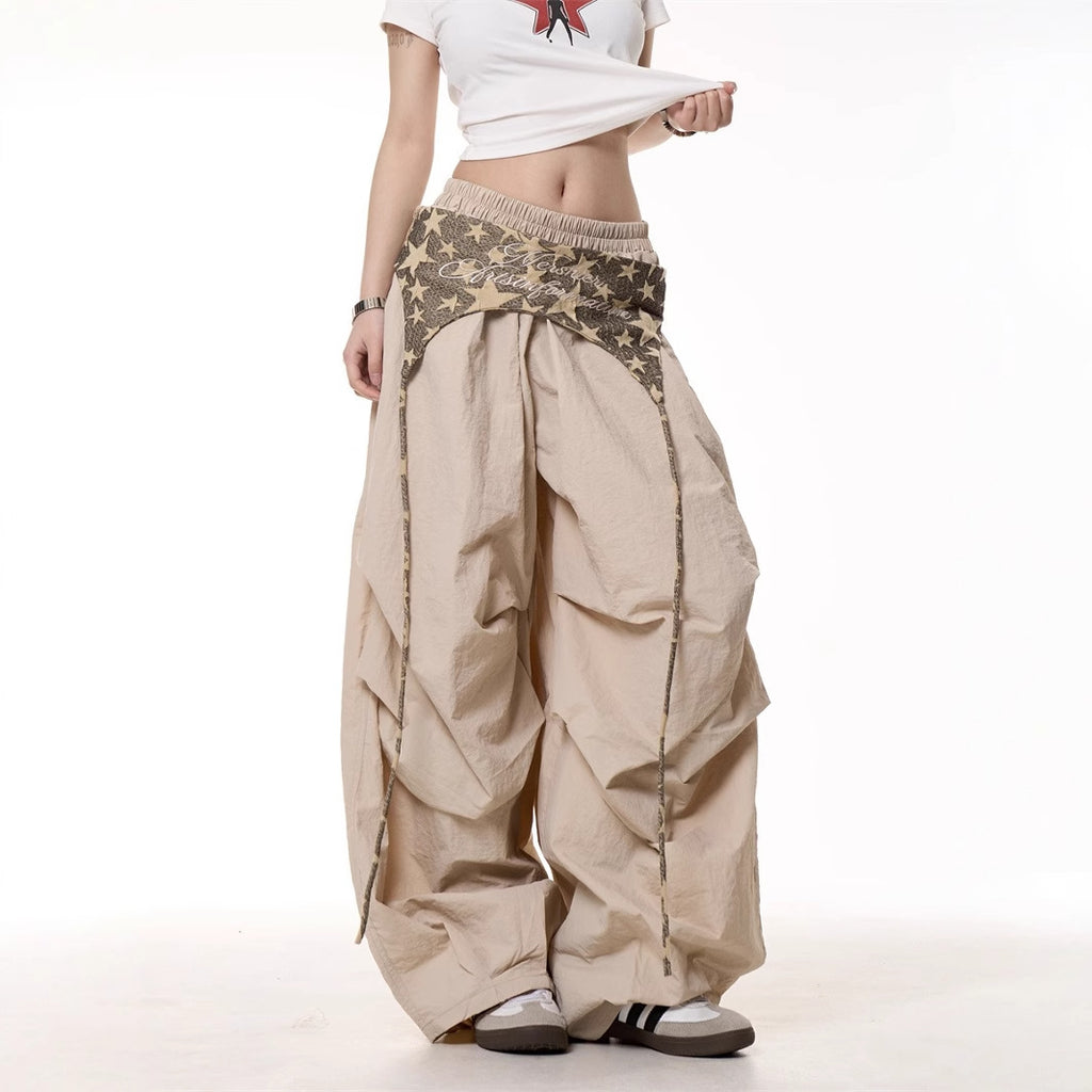 Relaxed Casual American-style Layered Design Cargo Pants With Tie Details