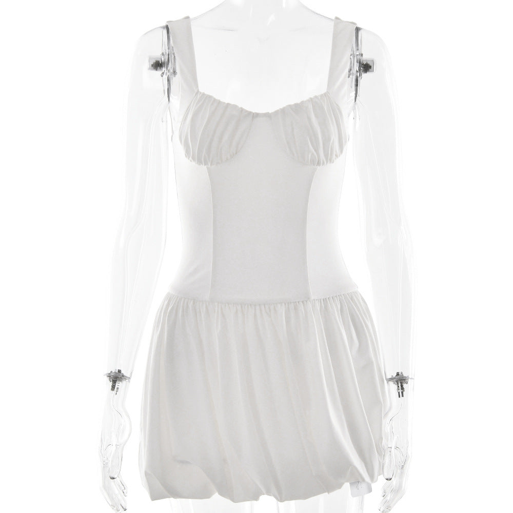 European And American Style Strap Tube Top Dress Sexy Waist Trimming Solid Color Pleated