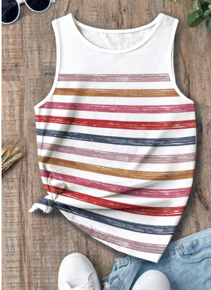 Red Stripe Rainbow Round Neck Tank Top