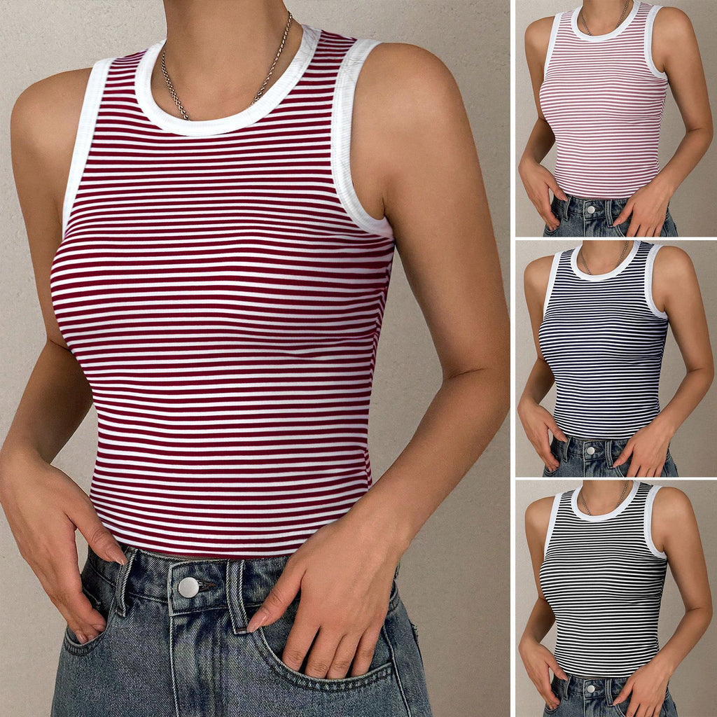 Casual Sports Style Round Neck Knitted Contrast Color Striped Top Vest