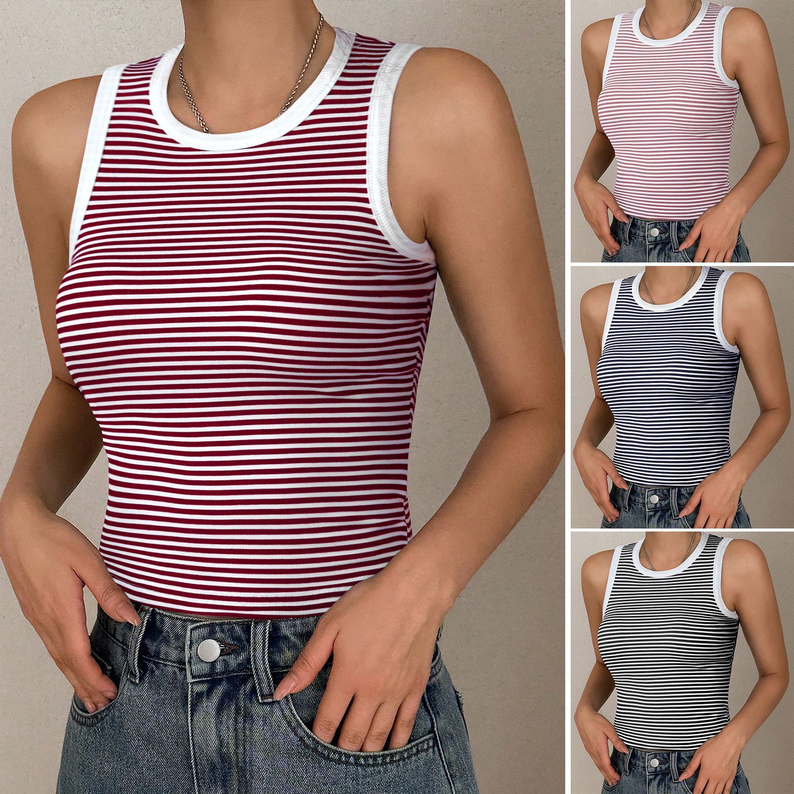 Casual Sports Style Round Neck Knitted Contrast Color Striped Top Vest