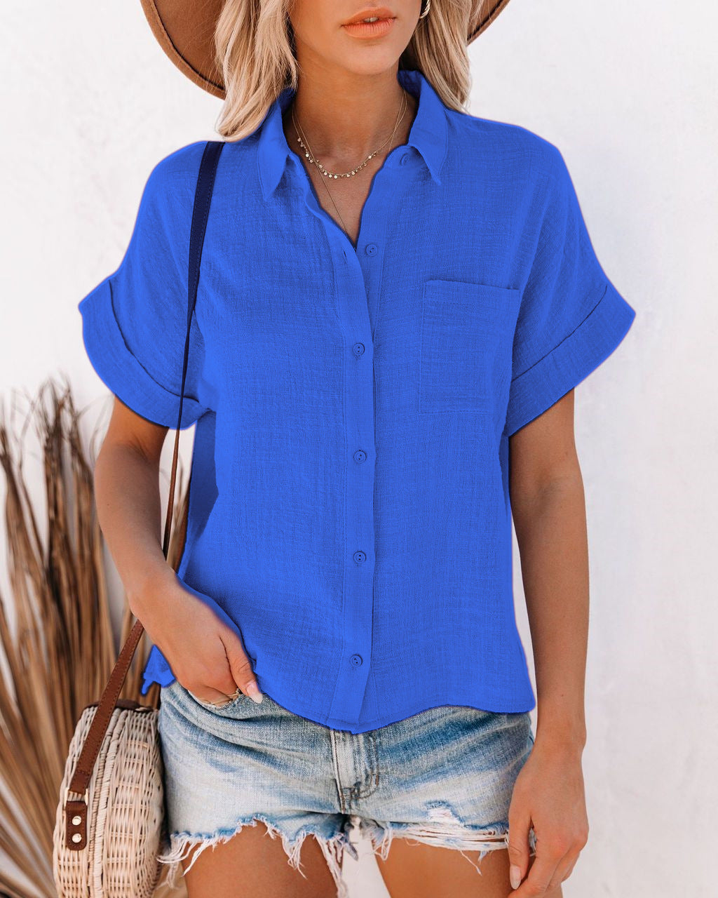 Summer Women's Popular Cotton And Linen Shirt Short Sleeved Women's Lapel Button Up Shirt