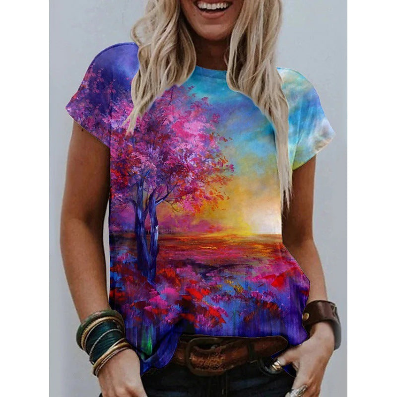 Artificial Cotton 3D Sunflower Print Round Neck T-shirt