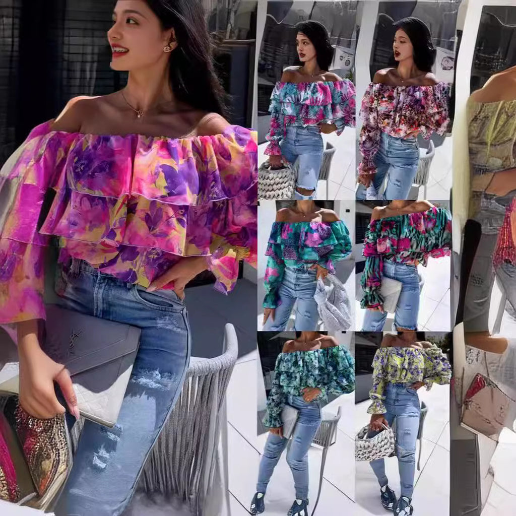 Fashionable Off-shoulder Print Blouse With A Boat Neckline