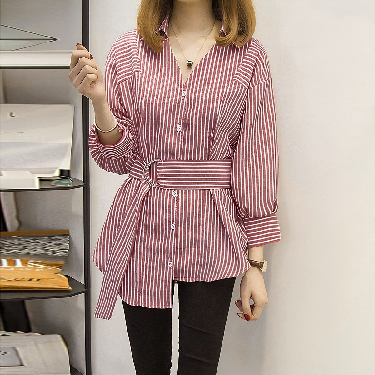 Design Sense Niche Metal Buckle Waist Striped Long Sleeve Shirt