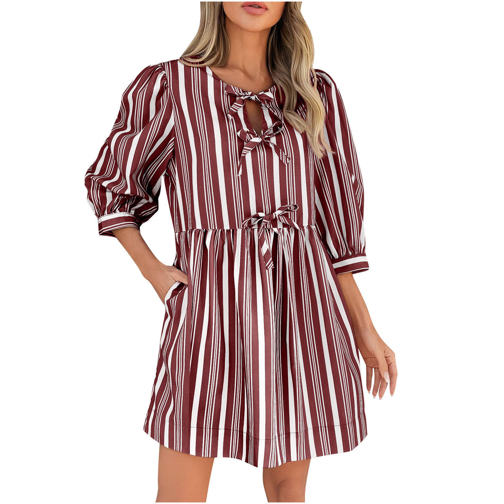 Comfort Lace-up Bow Three-quarter Sleeve Striped Dress