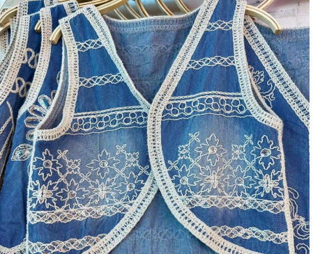 Heavy Industry Crochet Embroidery Denim Waistcoat Vest