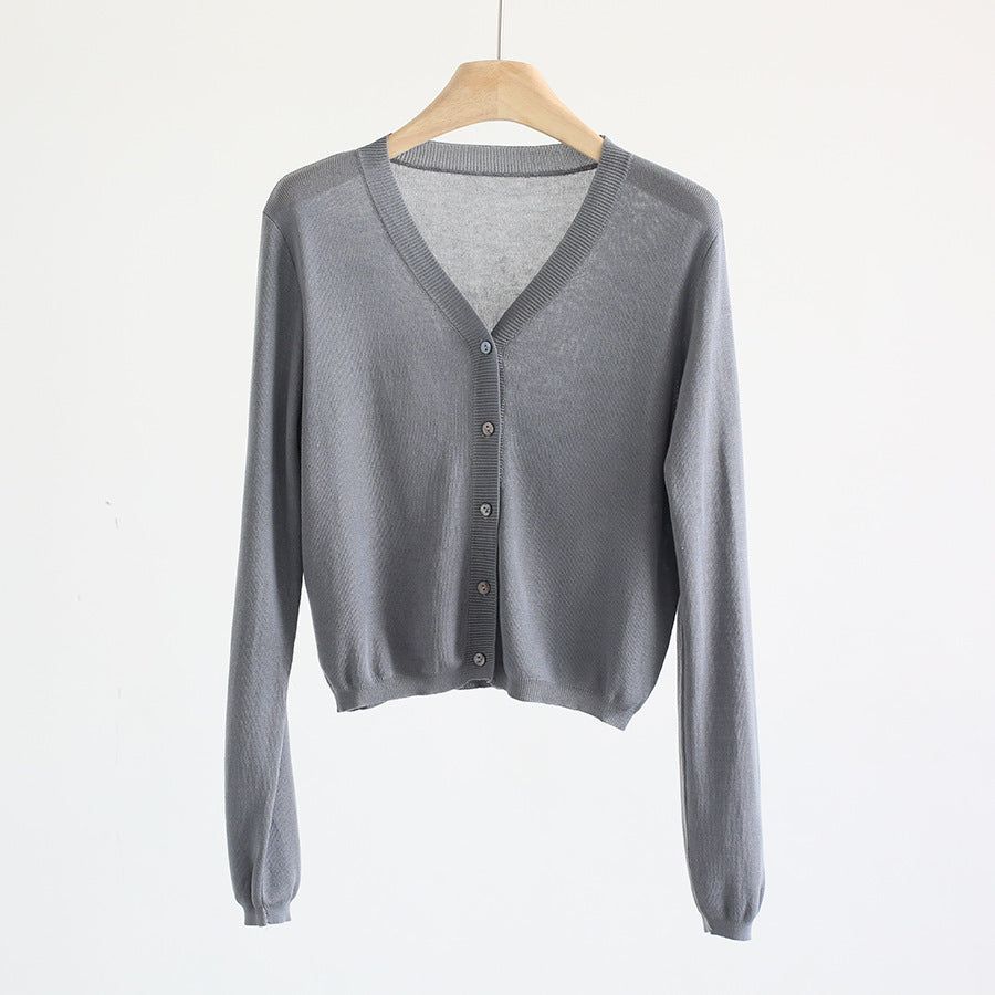 Spring And Summer V-neck Short Tencel Knitted Cardigan Pure Color All-matching