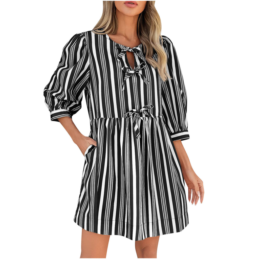 Comfort Lace-up Bow Three-quarter Sleeve Striped Dress
