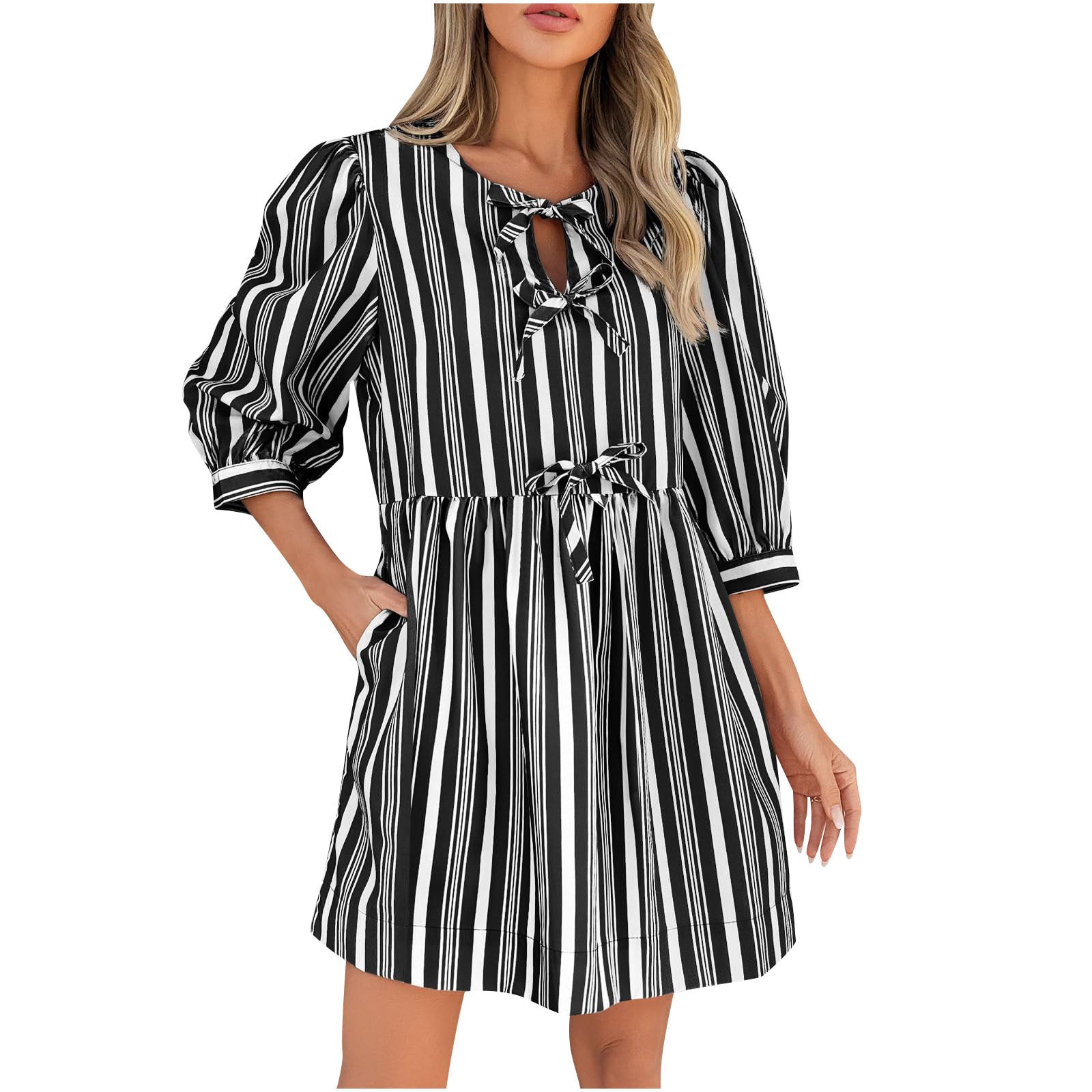 Comfort Lace-up Bow Three-quarter Sleeve Striped Dress