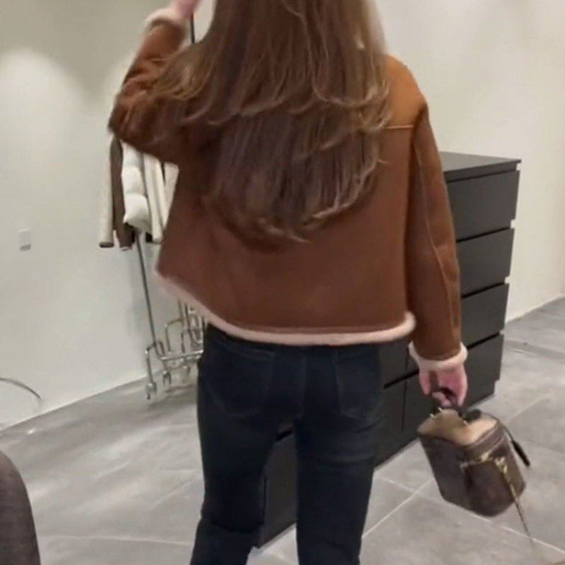 Womens Stylish Casual Cropped Lambswool Jacket