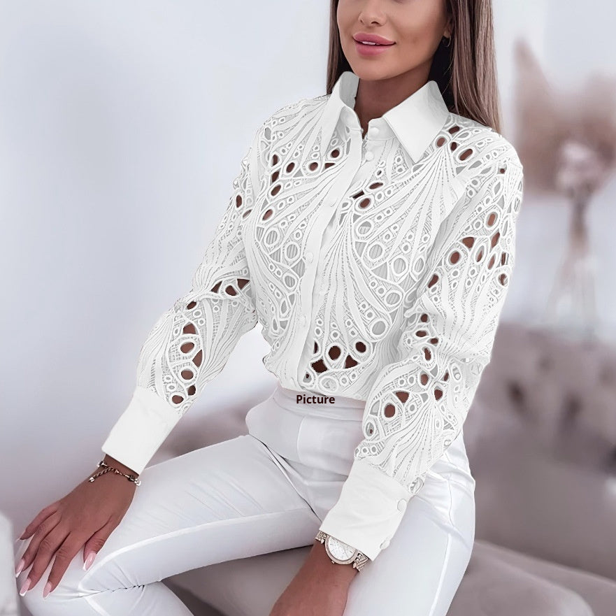 Versatile Commuter Lace Hollow-out Long Sleeve Shirt For Women