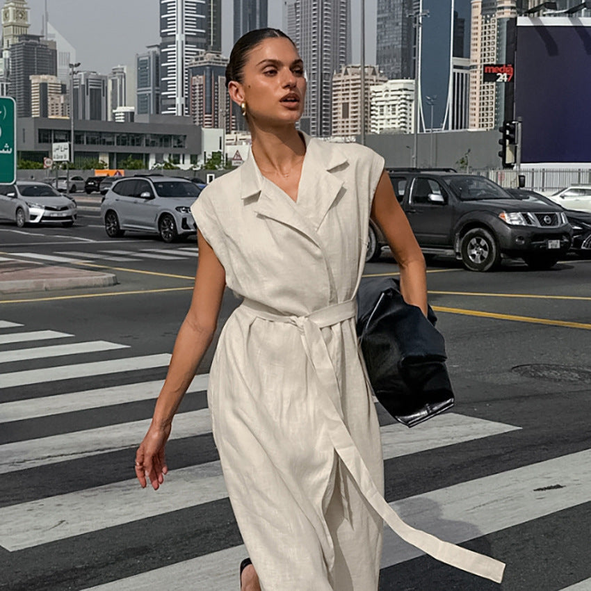 Cotton And Linen Suit Collar Belt Commuter Dress