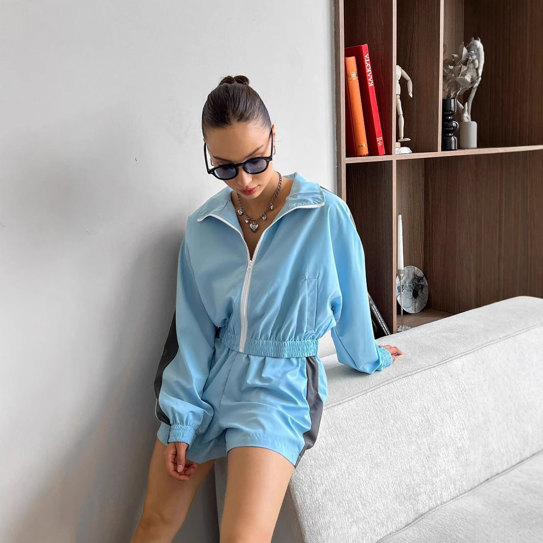 Women's Long-sleeved Zipper Sport Cardigan Coat Shorts Suit Casual