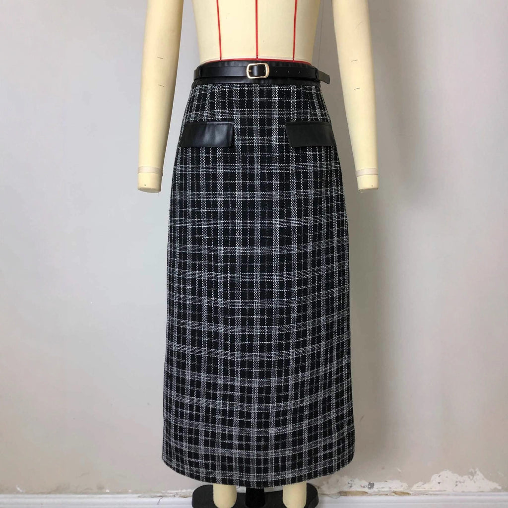 New High-waist Fashionable Retro Plaid Patchwork Knitted Skirt