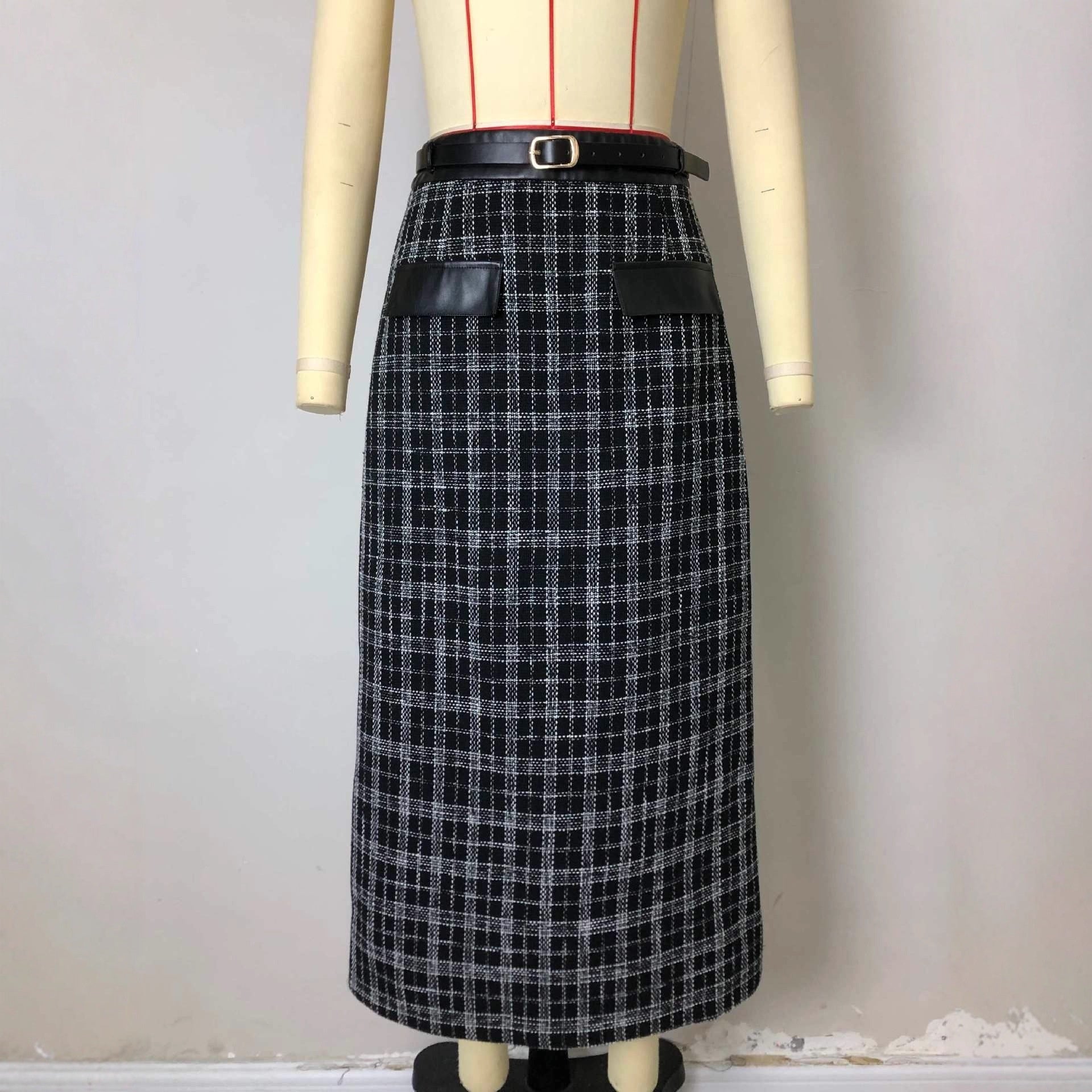 New High-waist Fashionable Retro Plaid Patchwork Knitted Skirt