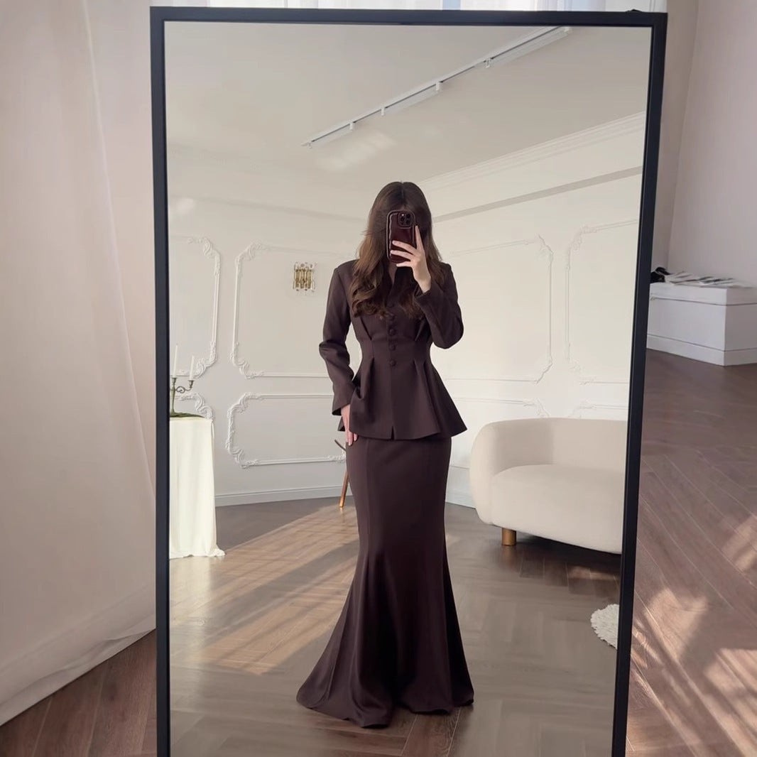 Retro Solid Color Long-sleeved Top High Waist Mid-length Dress Set
