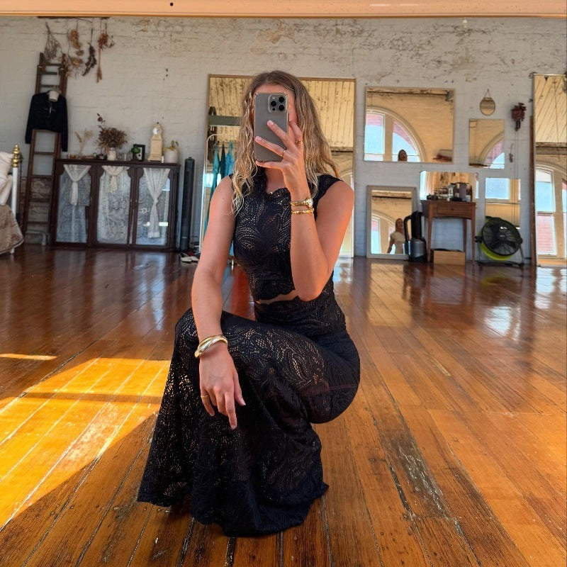 Hollow Personality Sleeveless Top Sexy Lace Sheath Skirt Suit