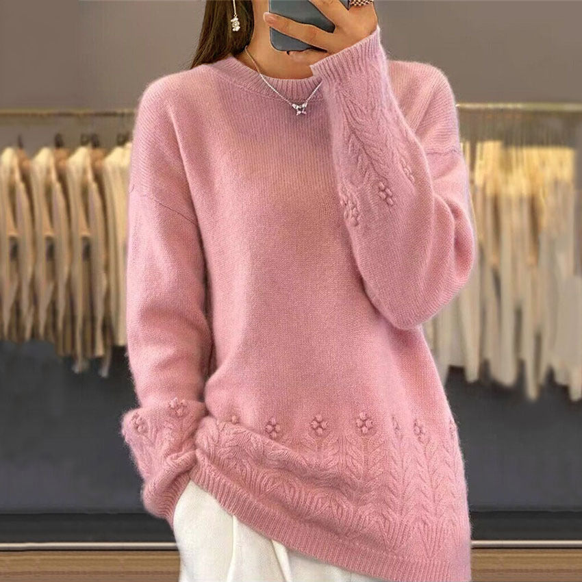 Women's Round Neck Solid Color Sweater Top Vintage Crocheted Pullover