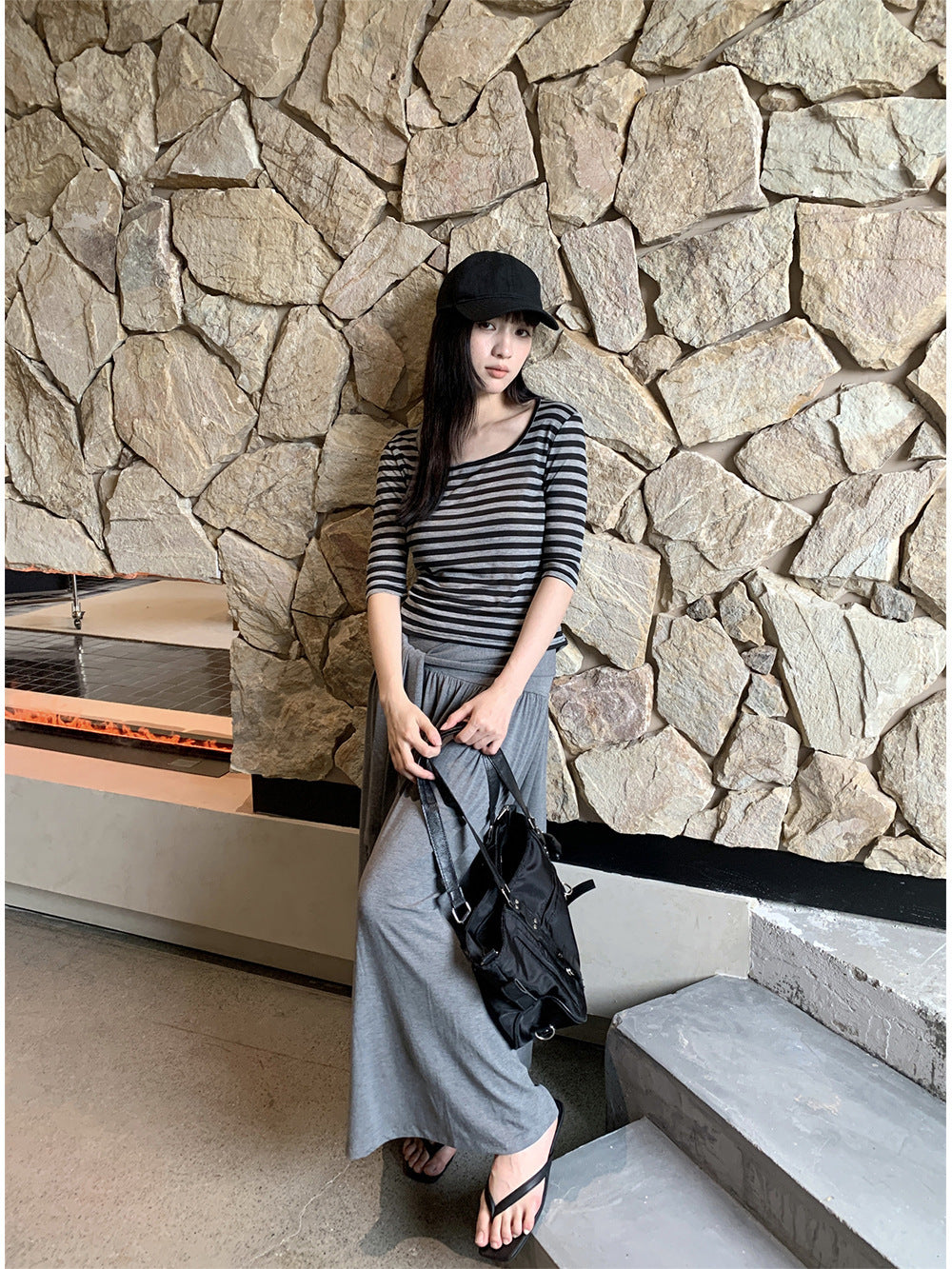 Summer U-neck Striped T-shirt Women's Elastic Mid-sleeve Top